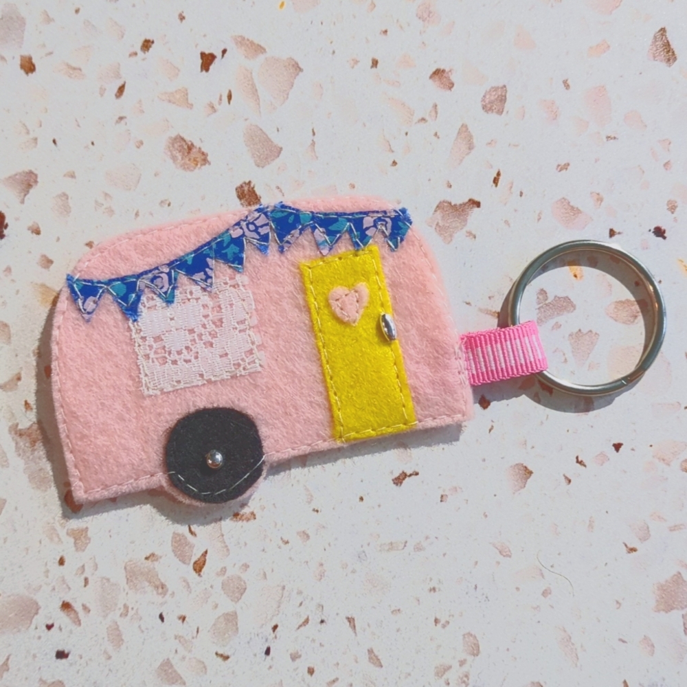 Happy Camper Key Fob Pink Handcrafted Cute Applique Lace Ribbon Bead | New #6